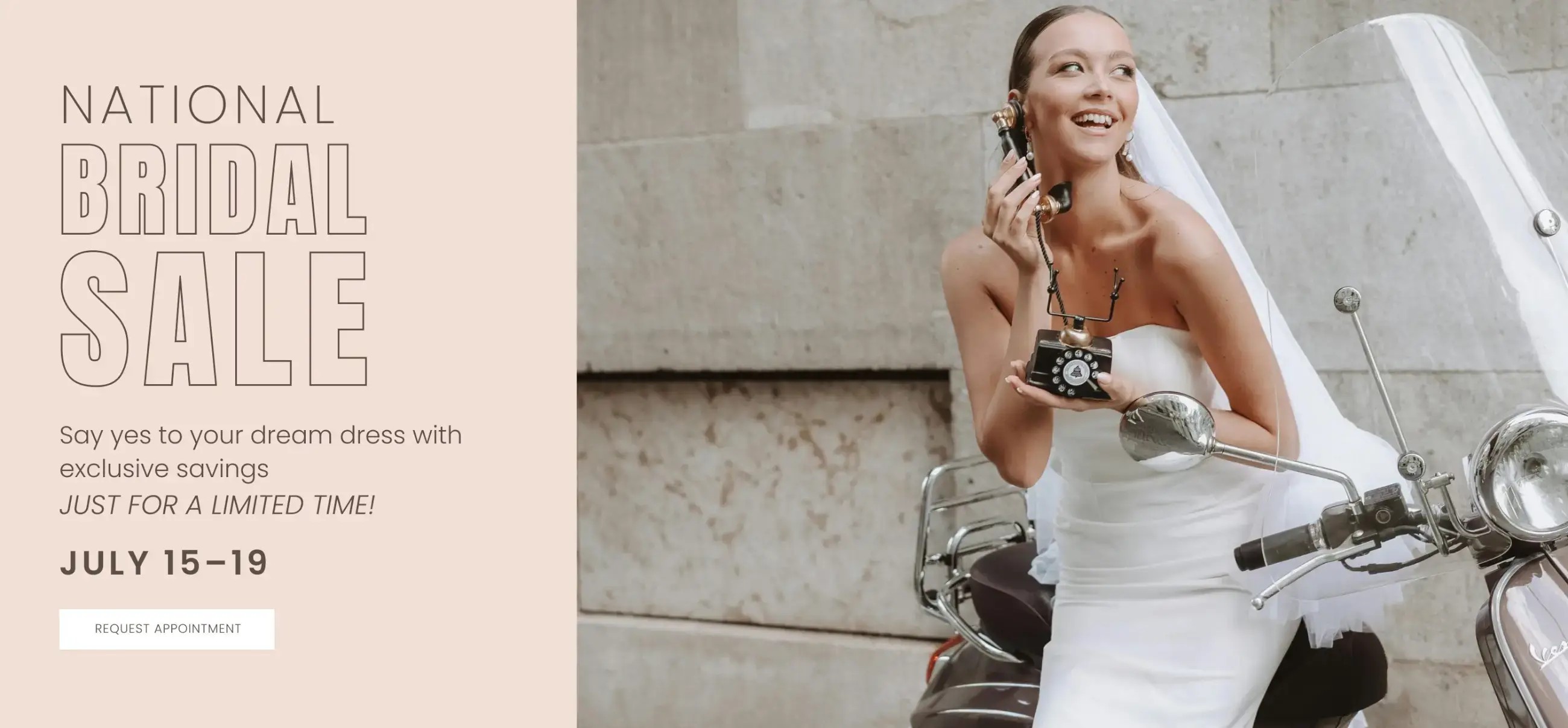 image shows a model wearing a wedding dress and an advertisement for the national bridal sale 2025